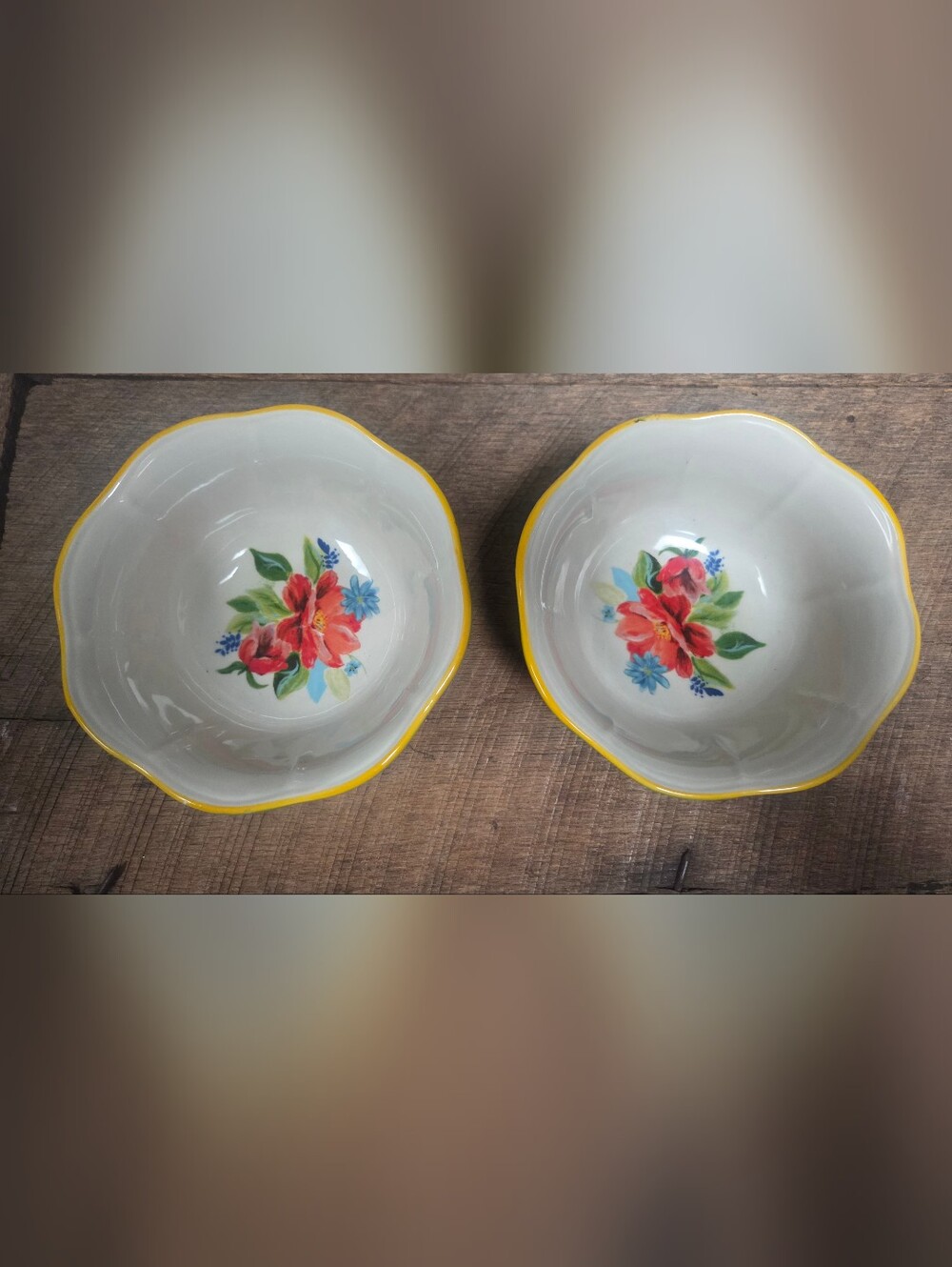 Pioneer Woman Spring Bouquet Bowls Stoneware Yellow Rim Set of 2 Bin PP